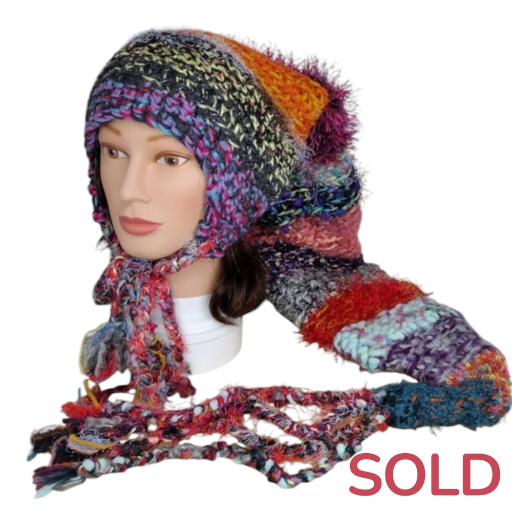 Bohemian long cone shape warm knit colorful Slouchy women's hat - Picture 1 of 6